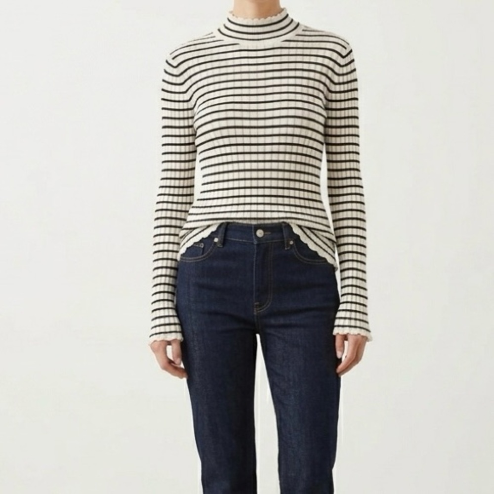 Joie Black White Stripe Ribbed Knit Mock Neck Top Size L